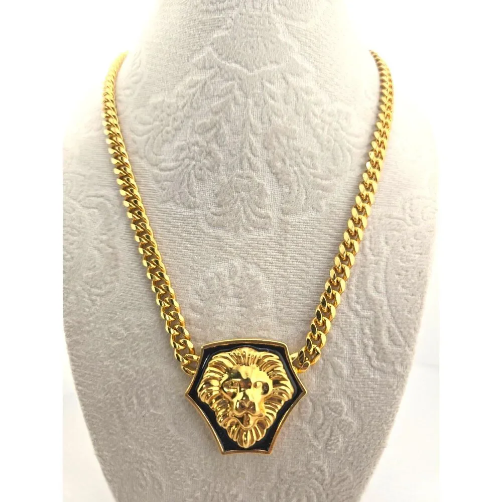 Vintage Lion Head Earrings Necklace Set Gold Tone 18